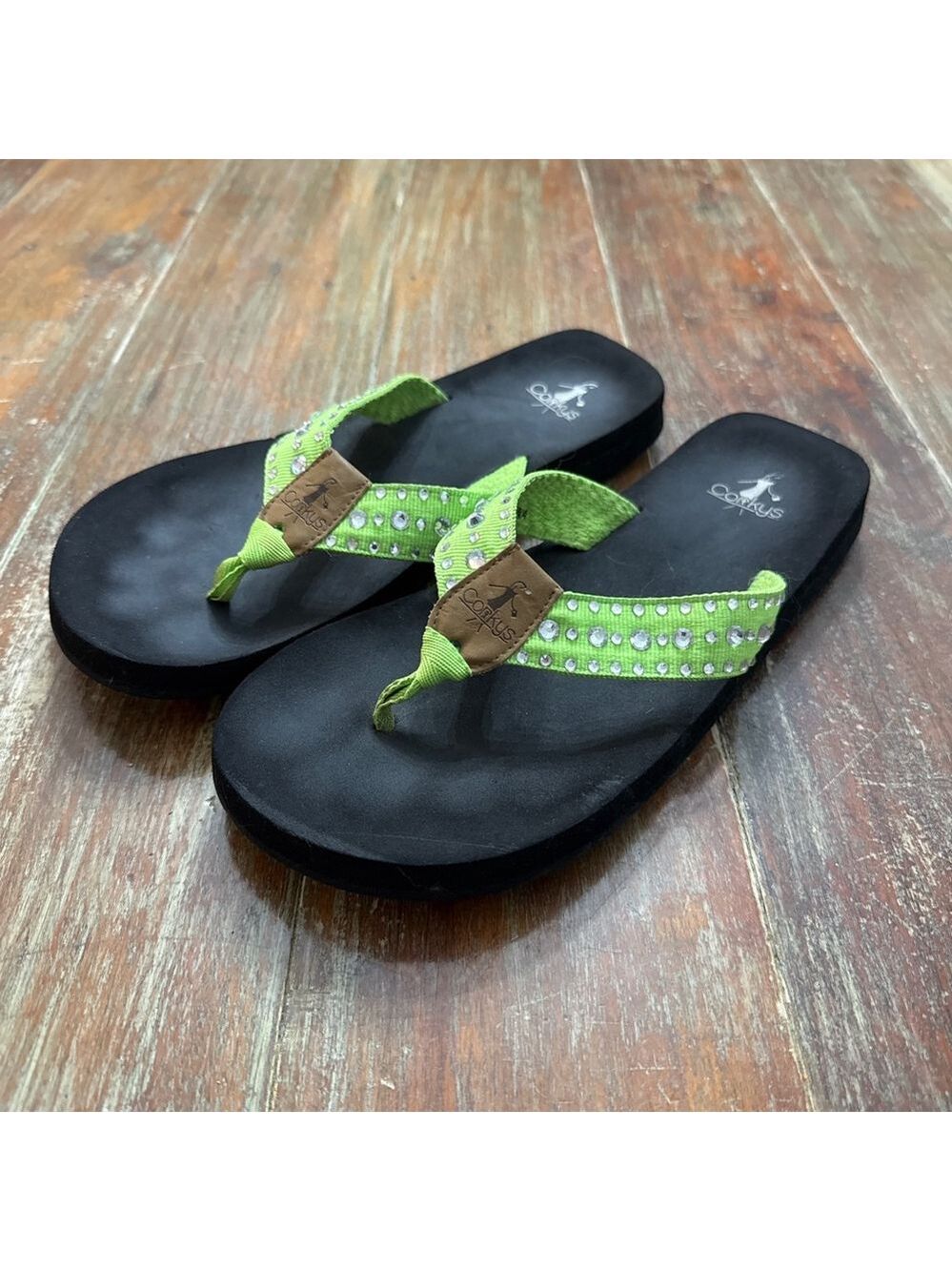 Corkys Black Green Rhinestone Flip Flop Sandals Size 9